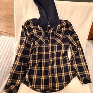 Burnside Navy and Tan Plaid Hooded Shirt